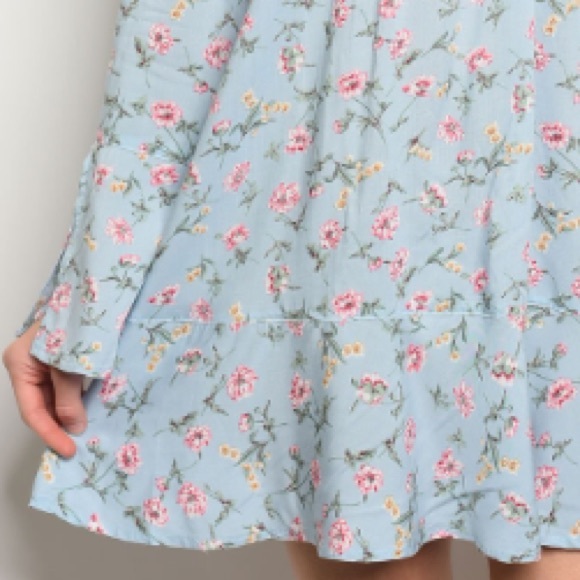 Pale blue floral dress w/high-neck tie - Picture 7 of 8